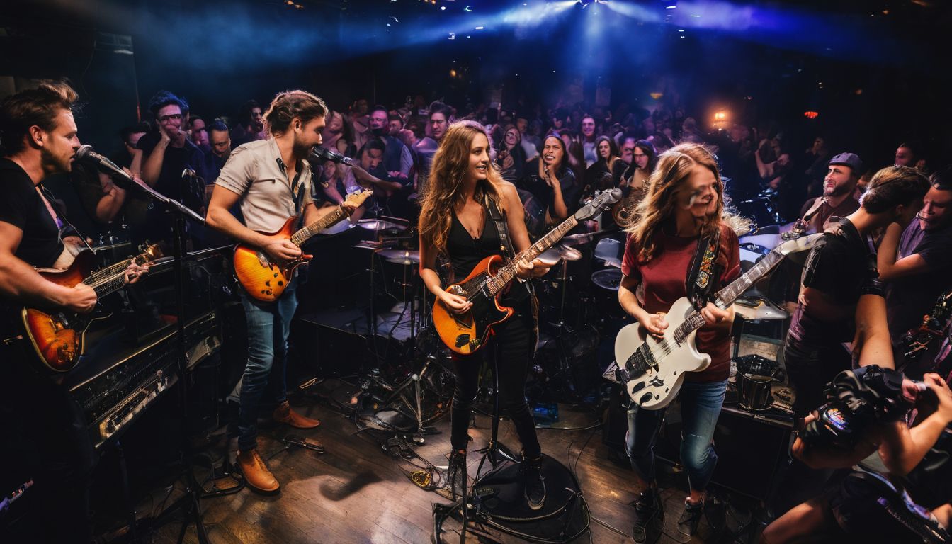 A diverse group of musicians performing live in a crowded Dallas music venue. A diverse group of musicians performing live in a crowded Dallas music venue.