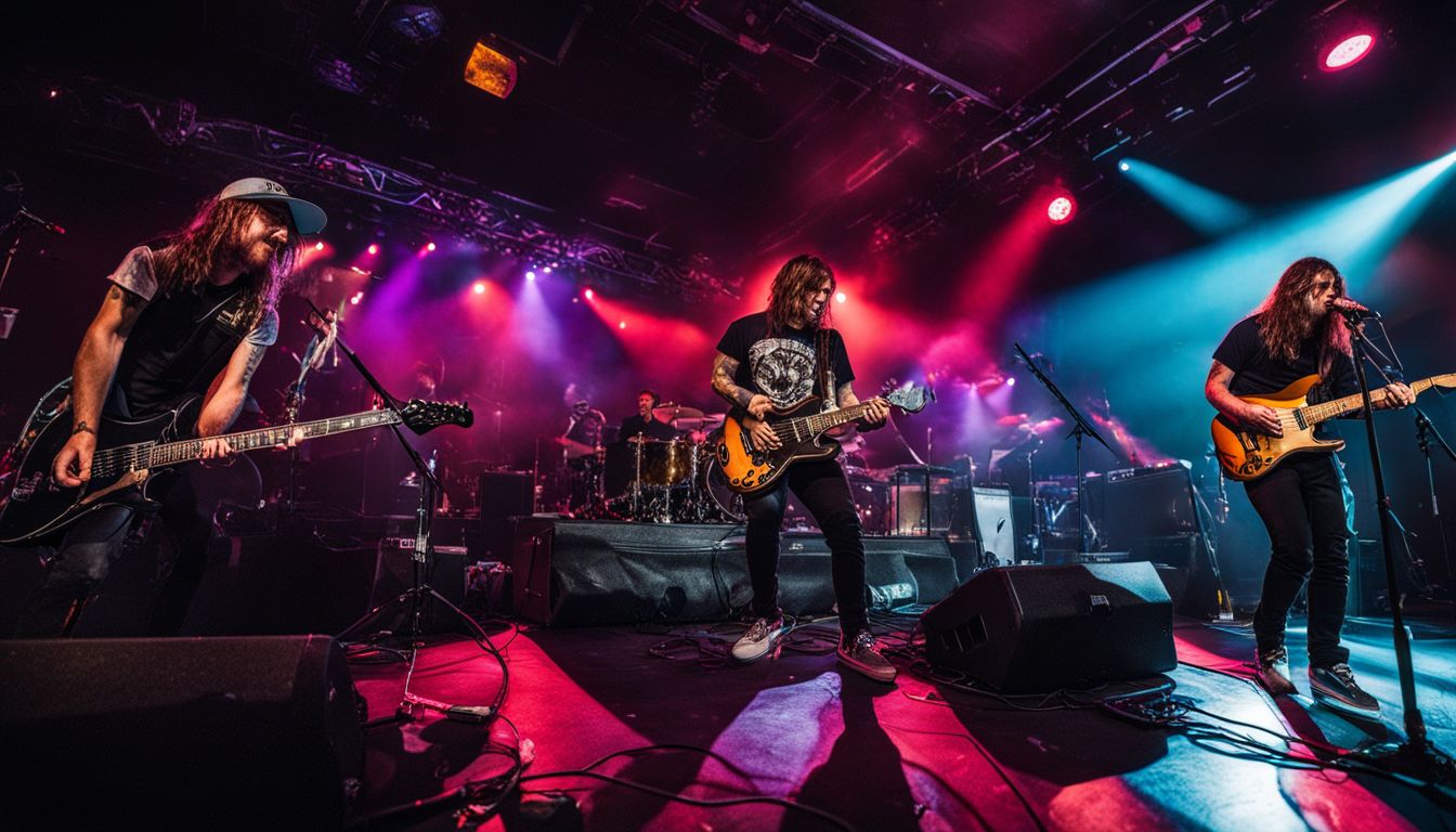 The band Power Trip performing live at a packed music venue. The band Power Trip performing live at a packed music venue.