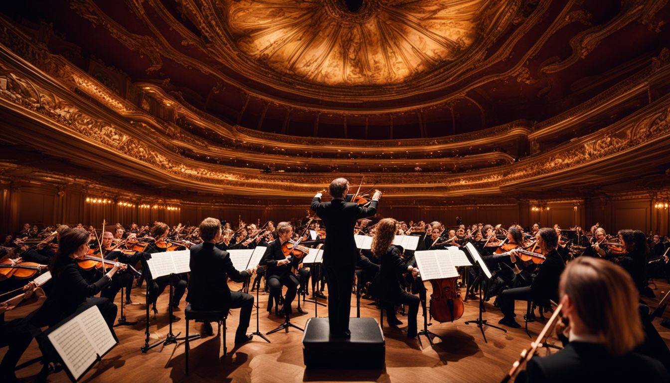 A conductor leading a diverse orchestra in a grand concert hall. A conductor leading a diverse orchestra in a grand concert hall.