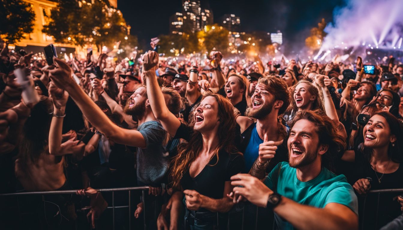 A diverse crowd of music fans cheering at an outdoor concert. A diverse crowd of music fans cheering at an outdoor concert.